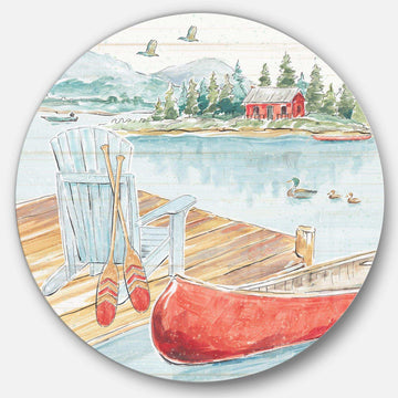 Lake House Canoes III - Landscape Round Metal Wall Art